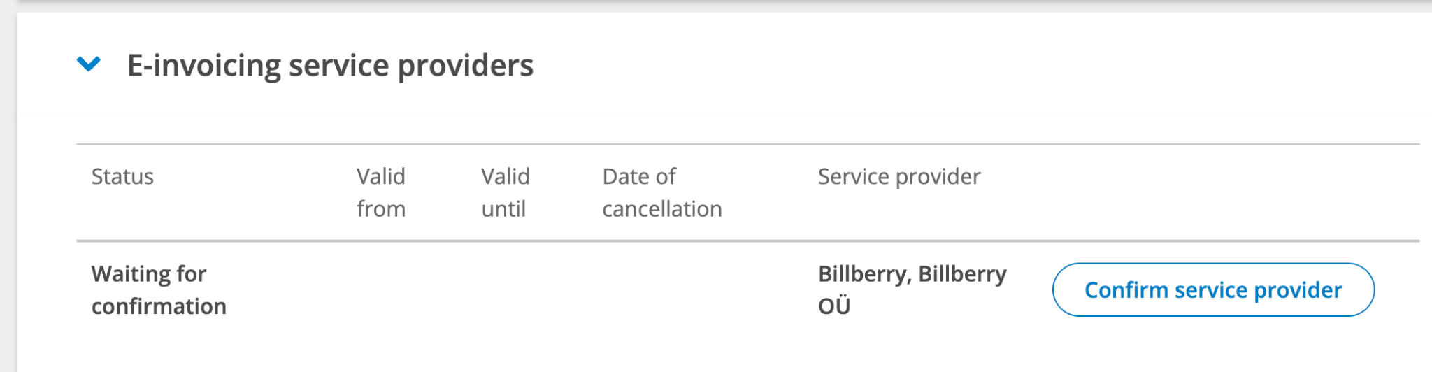 The E-invoicing service providers section of the Business Register, with Billberry marked "Waiting for confirmation" next to a Confirm service provider button
