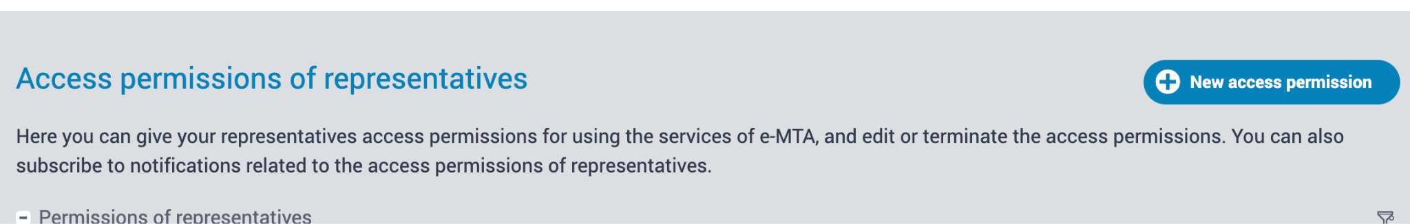 The "New access permission" button in the top right of the e-MTA Access permissions of representatives page