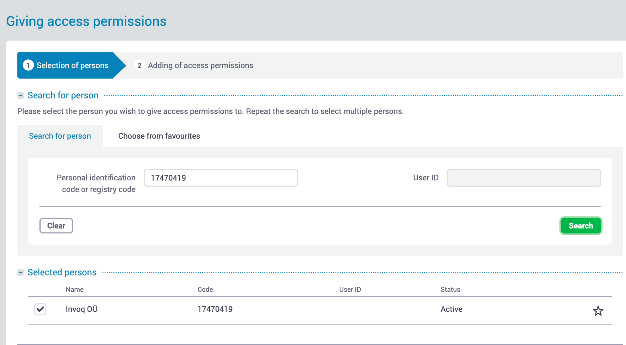 Searching e-MTA for Invoq OÜ by registry code 17470419, with Invoq OÜ ticked under Selected persons