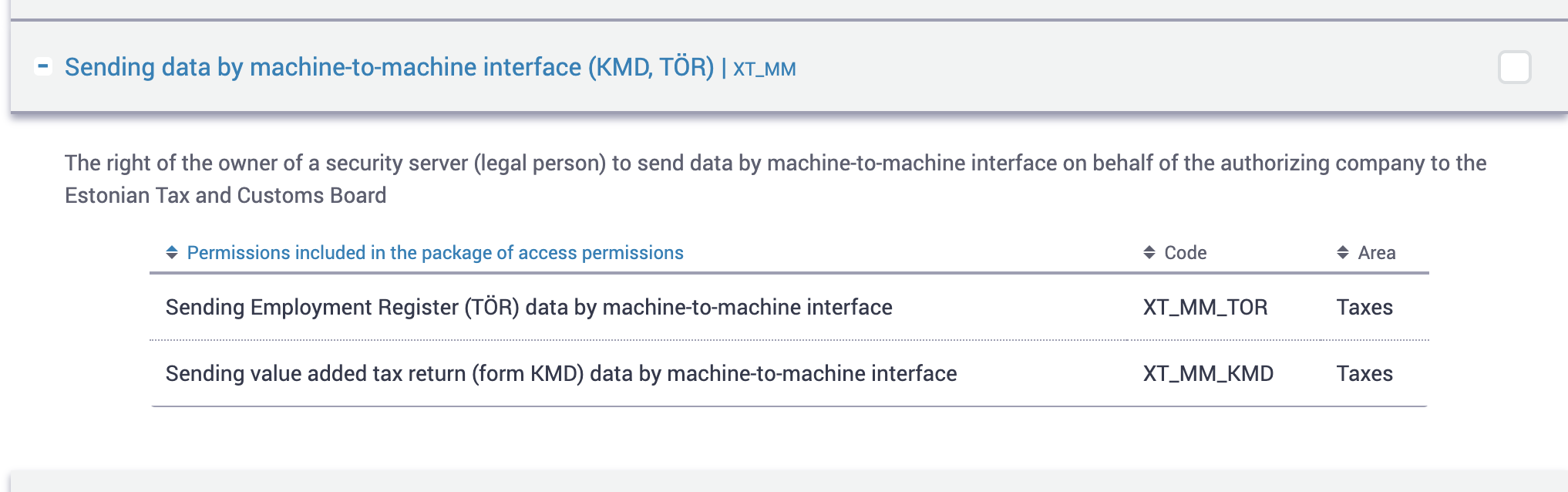 The XT_MM package in e-MTA, showing the included permissions XT_MM_TOR and XT_MM_KMD