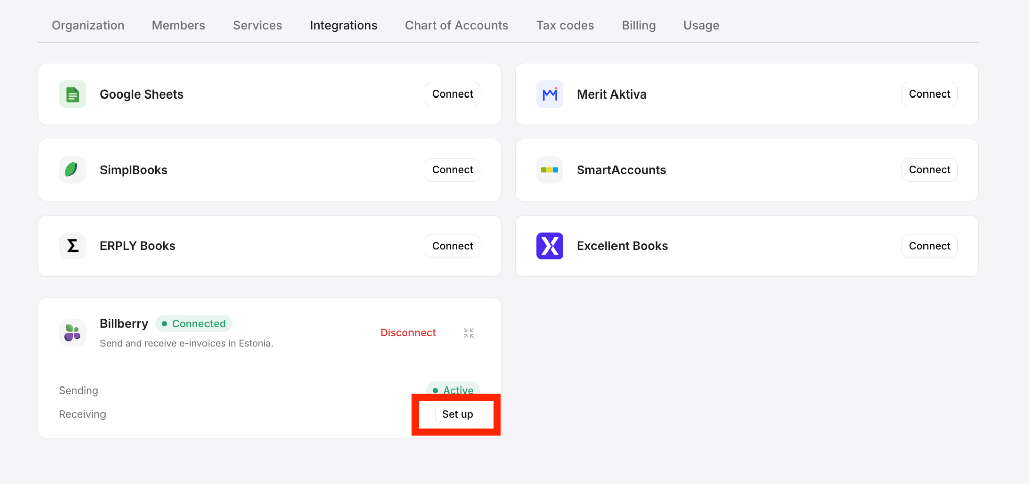 The Billberry card in Invoq showing Sending active, with the Set up button next to Receiving