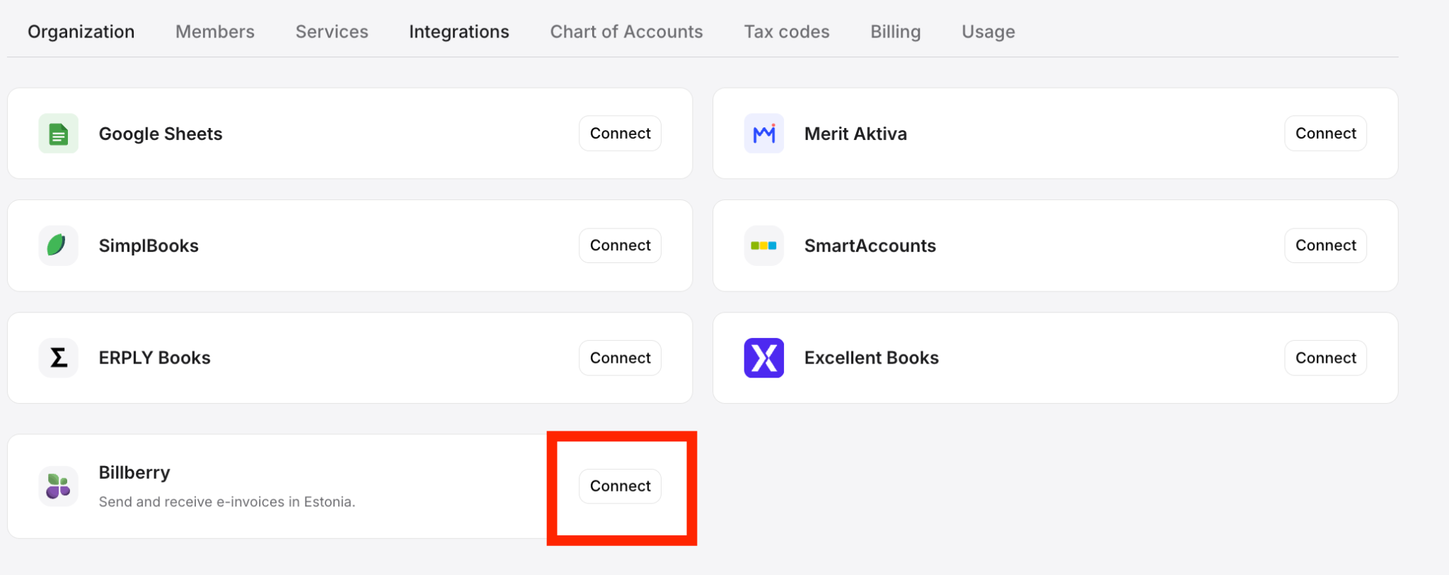 The Integrations tab in Invoq, with Connect highlighted on the Billberry card