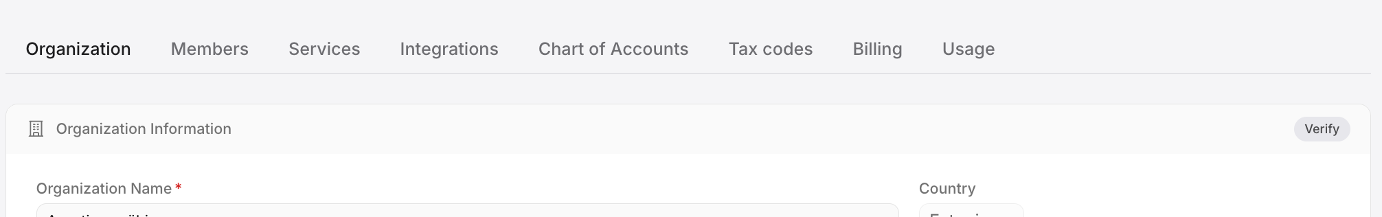 The Verify button on the Organization tab in Invoq